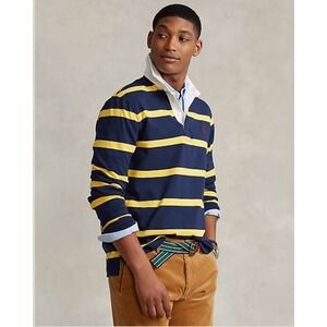POLO RALPH LAUREN Iconic Rugby Shirt Striped Navy Yellow Preppy Sport Timeless L